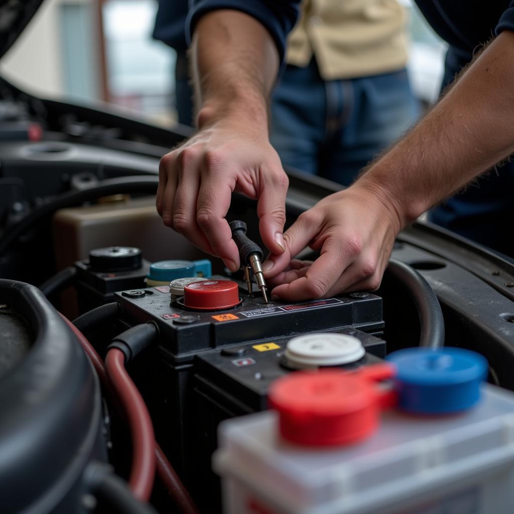 Checking Car Battery During Auto Electrical Home Service