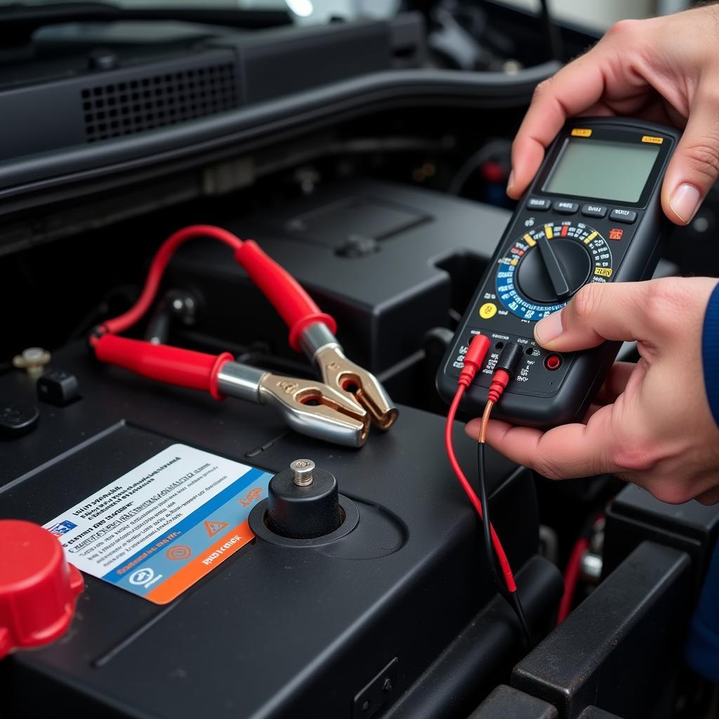 Technician testing a car battery with a multimeter