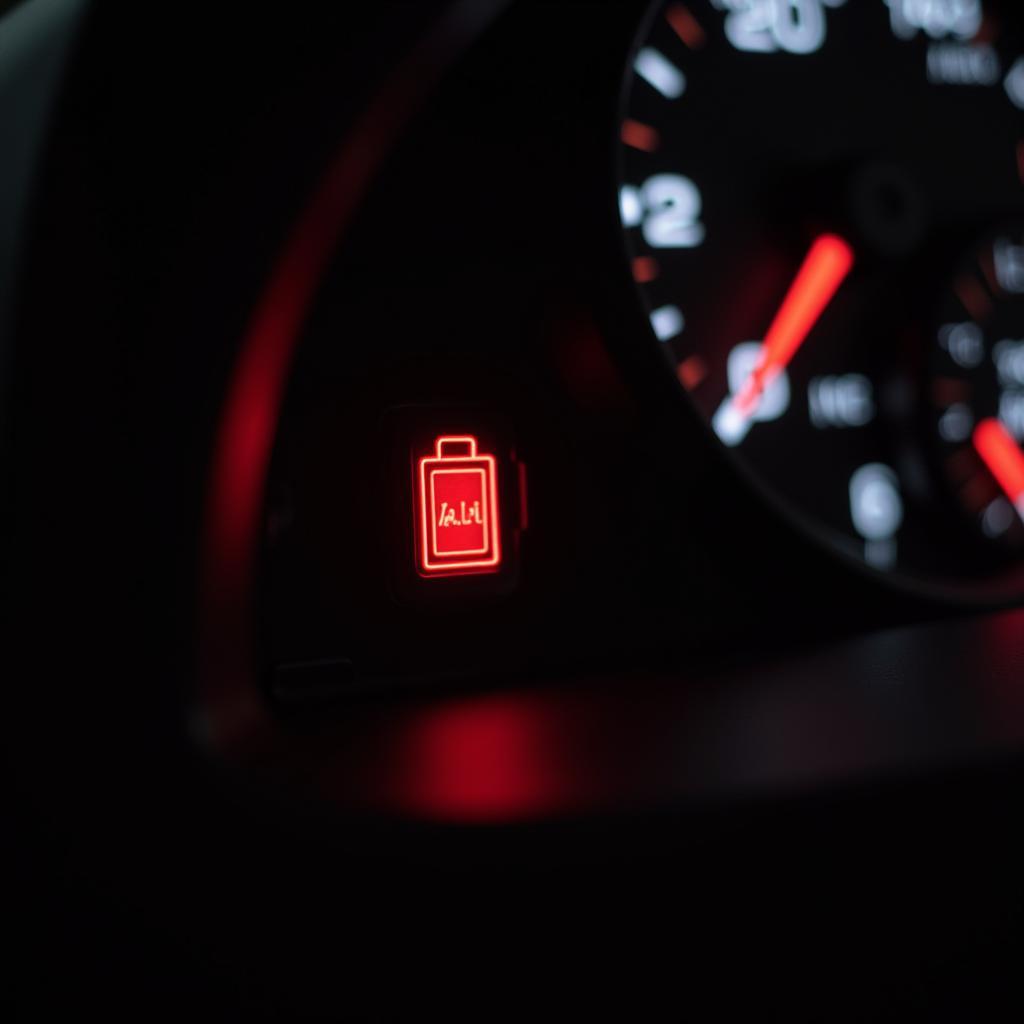 Car dashboard with battery warning light on