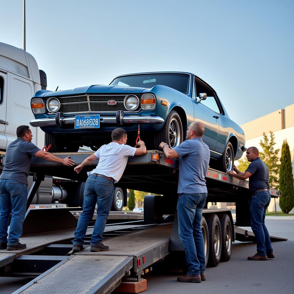 Car Being Loaded onto Transport Trailer by Professional