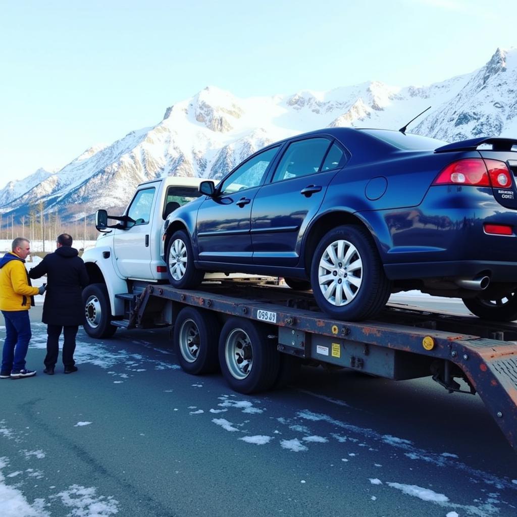 Car Being Loaded onto a Transport Truck in Alaska