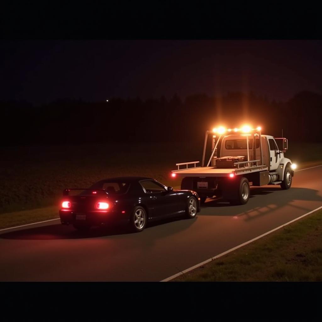 Car being towed at night after a breakdown