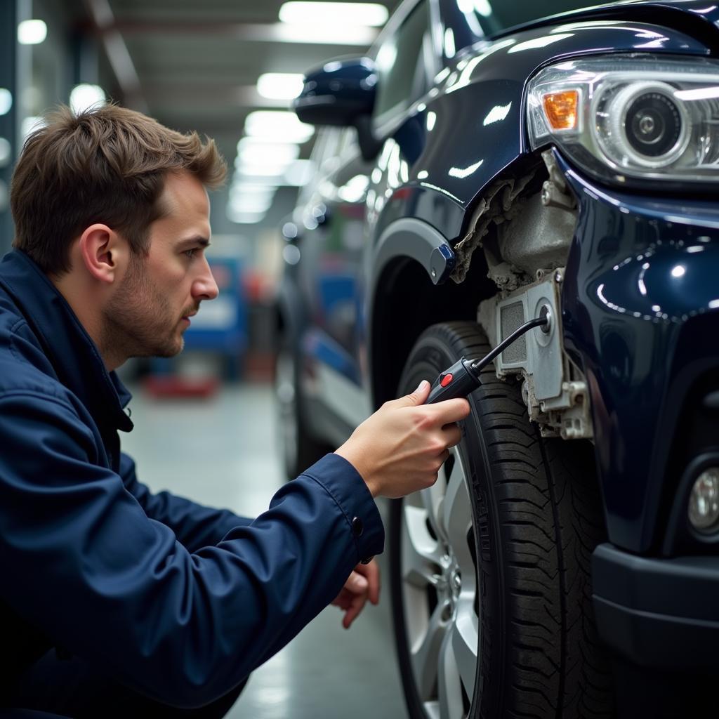 Technician performing a thorough car damage assessment in Greenville.