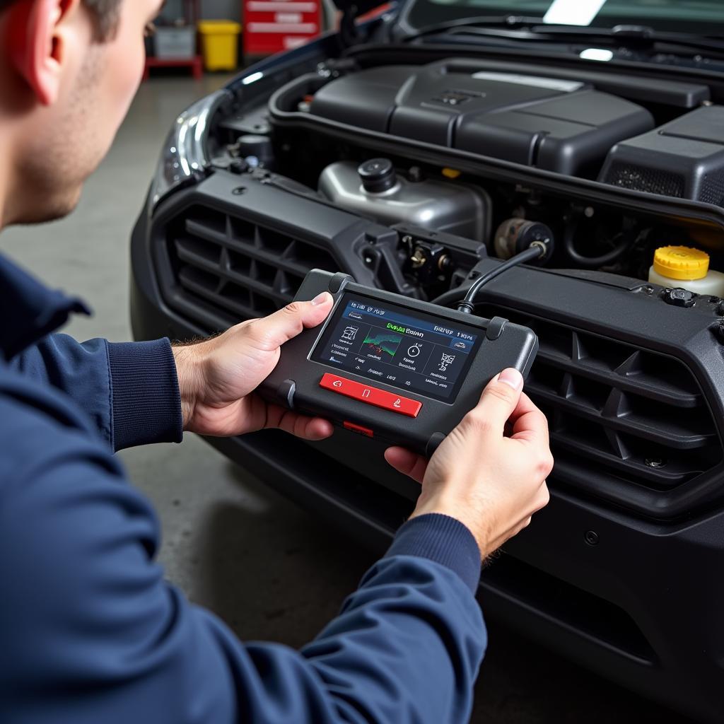 Mechanic connecting a diagnostic tool to a car