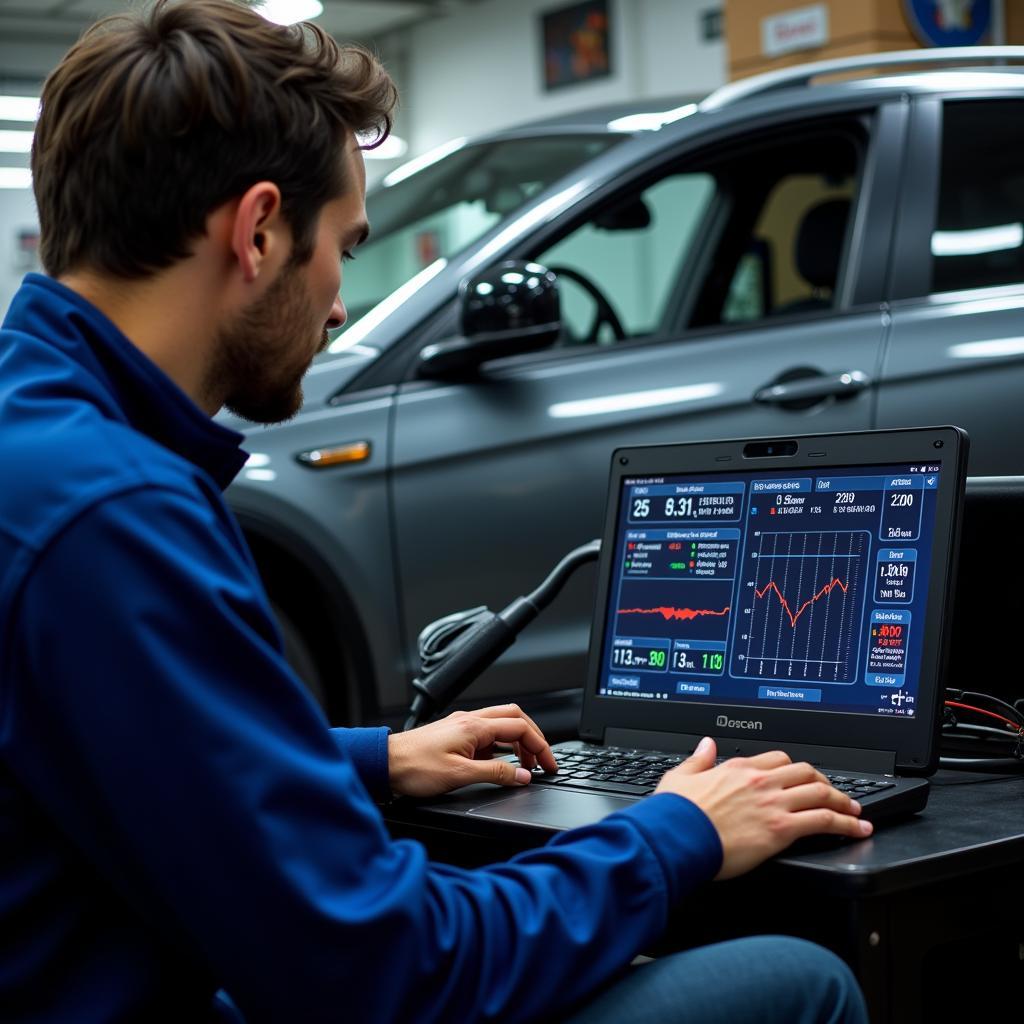 Computerized diagnostic tools being used in an auto service shop in 22180