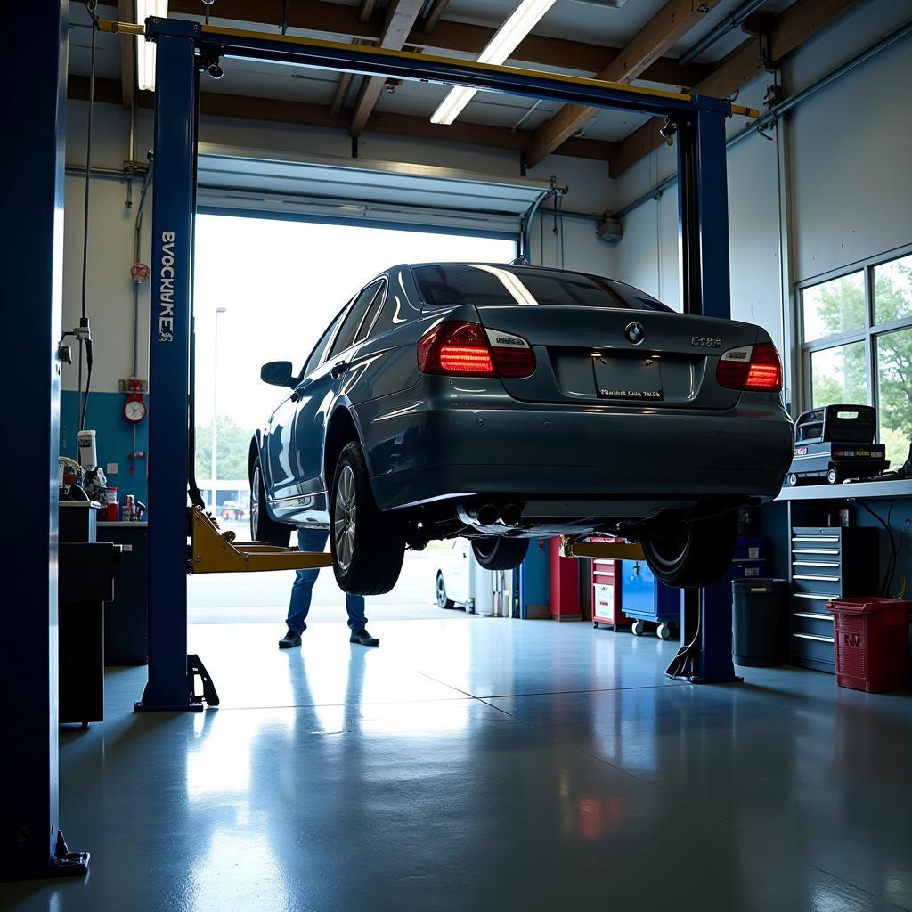 Car on a lift in an auto service bay on a Sunday