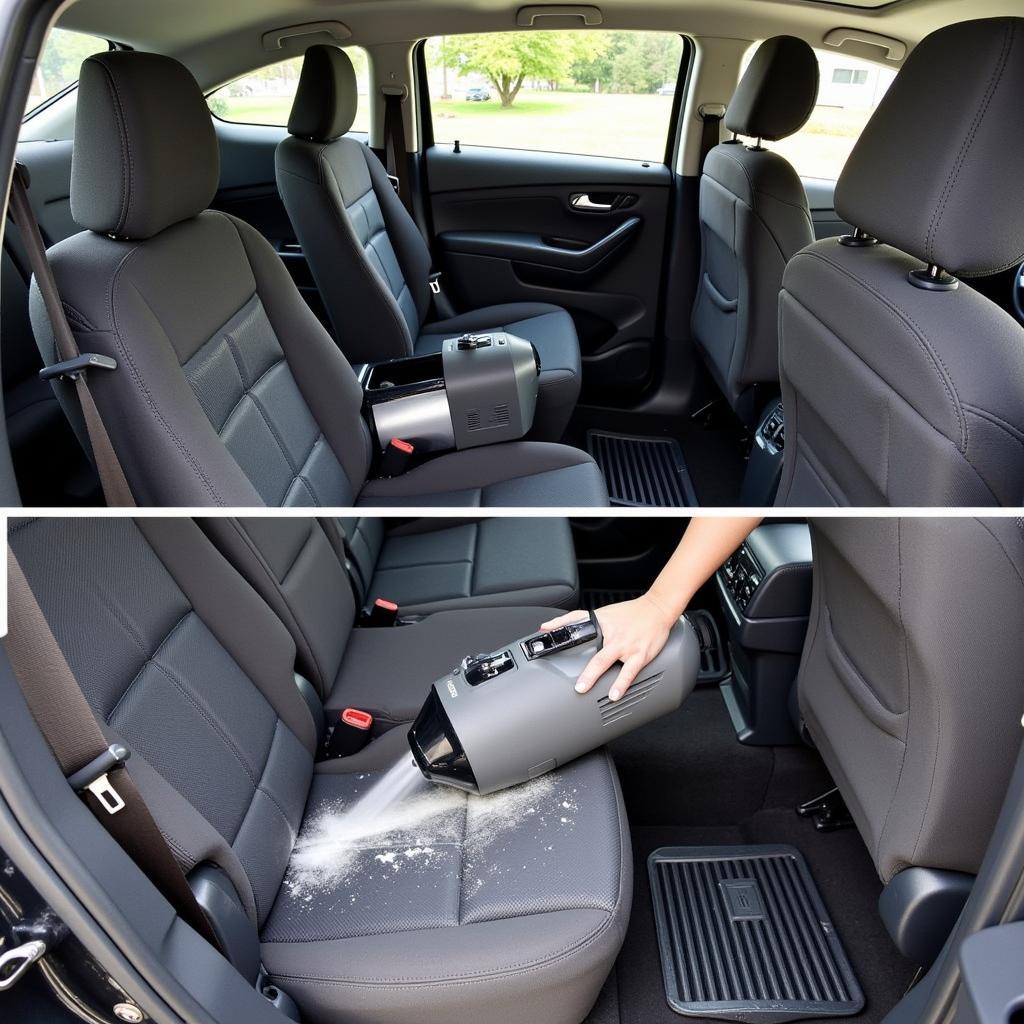 Car Interior Vacuum Cleaning in Plainview: A detailed shot of a car interior being vacuumed.