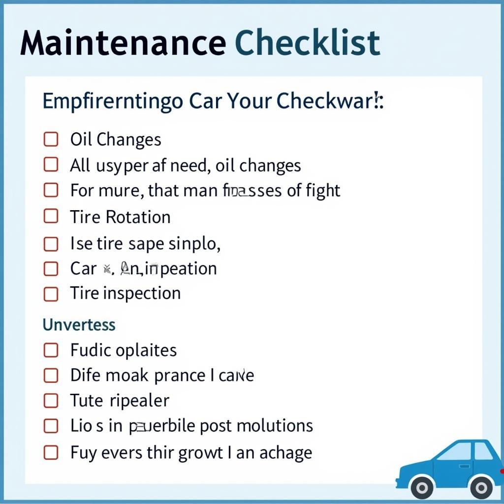 Checklist for car maintenance with essential items like oil change, tire rotation, and brake inspection.