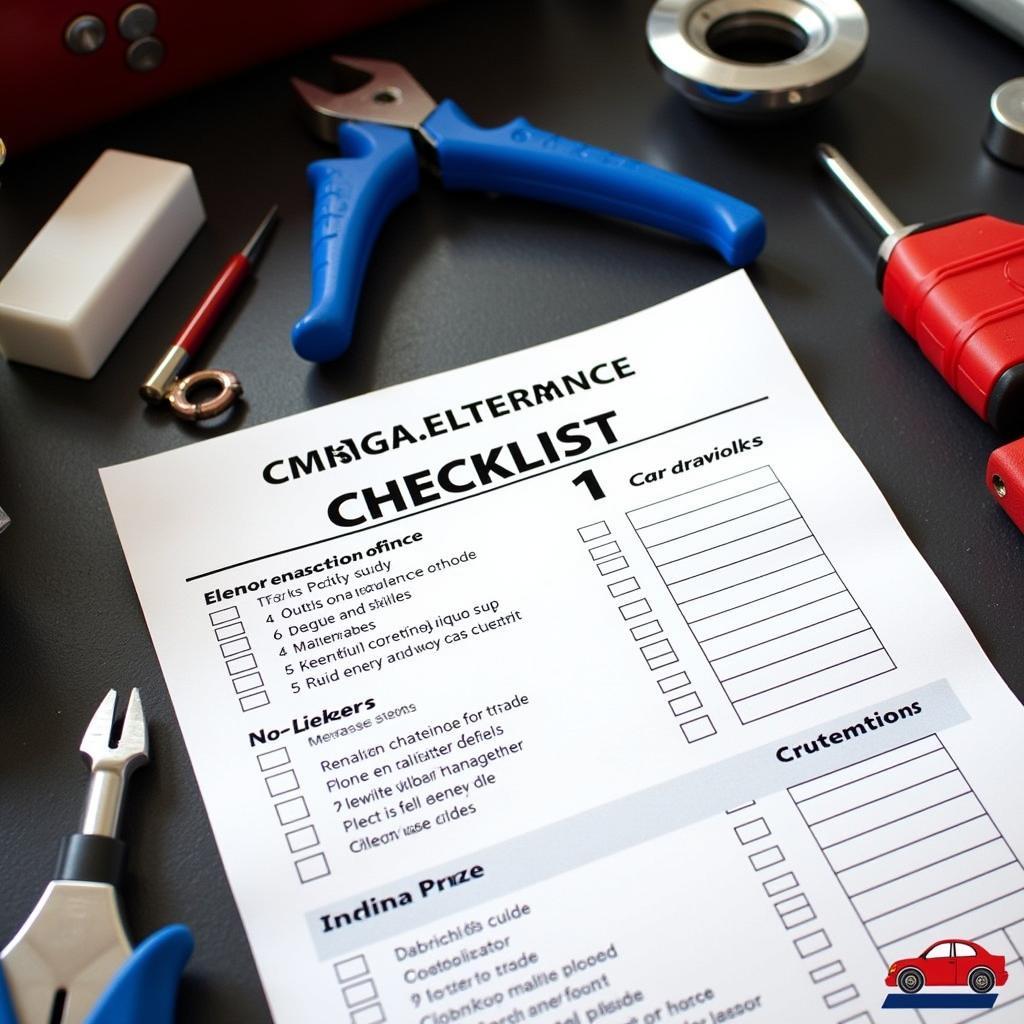 Car maintenance checklist with tools on a workbench in a Bloomingdale garage