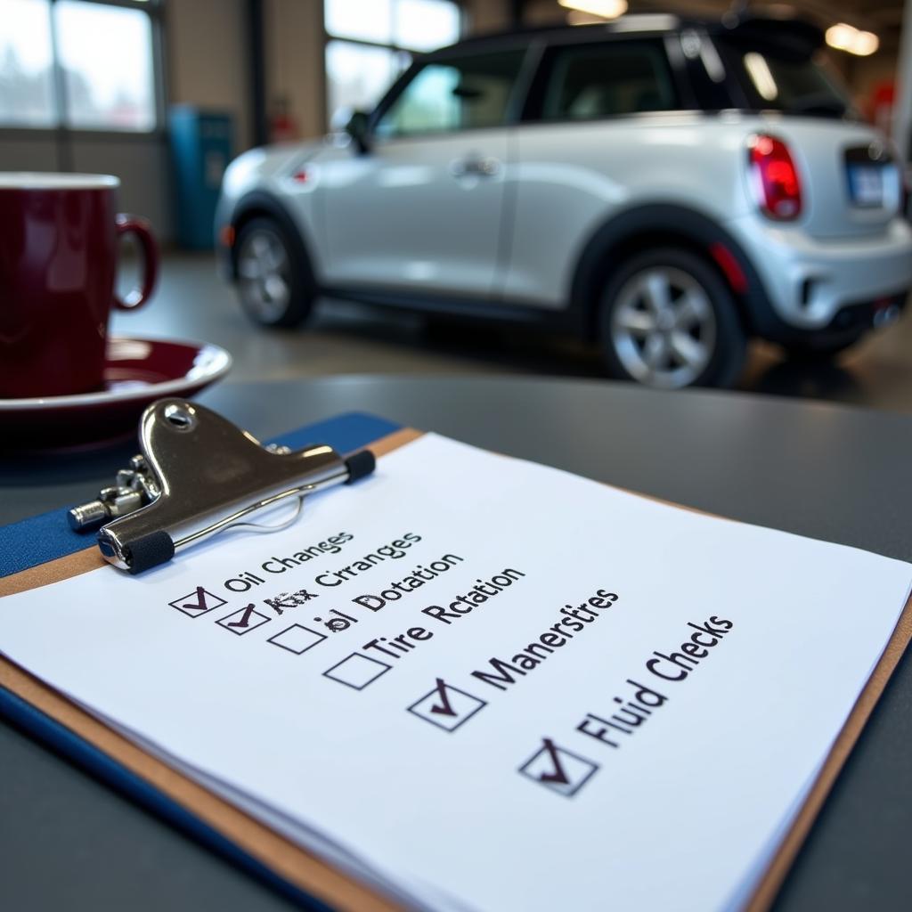 Car maintenance checklist on a clipboard with a car in the background in Bloomington, IL