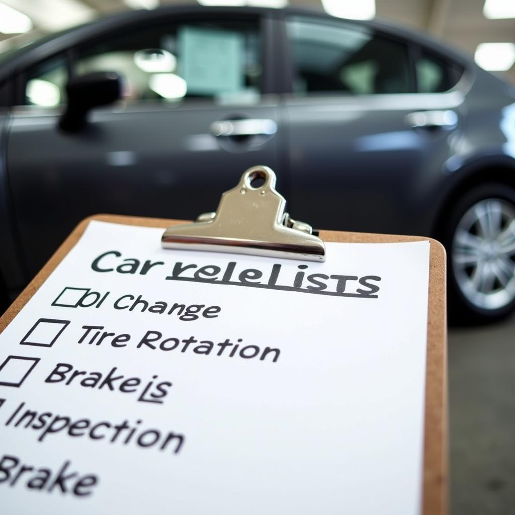 A car maintenance checklist on a clipboard with a car in the background in Northville, MI.