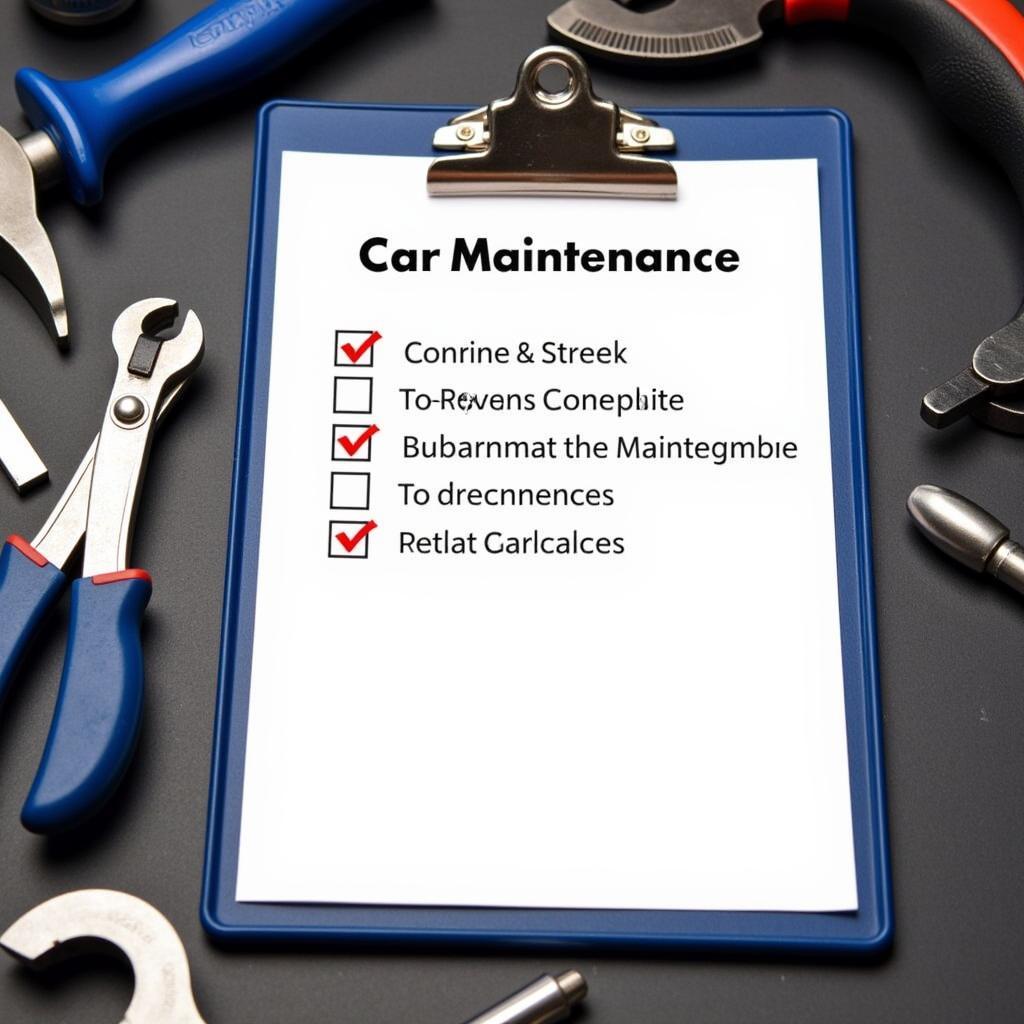 Car maintenance checklist on a clipboard with tools in the background in Conroe, TX