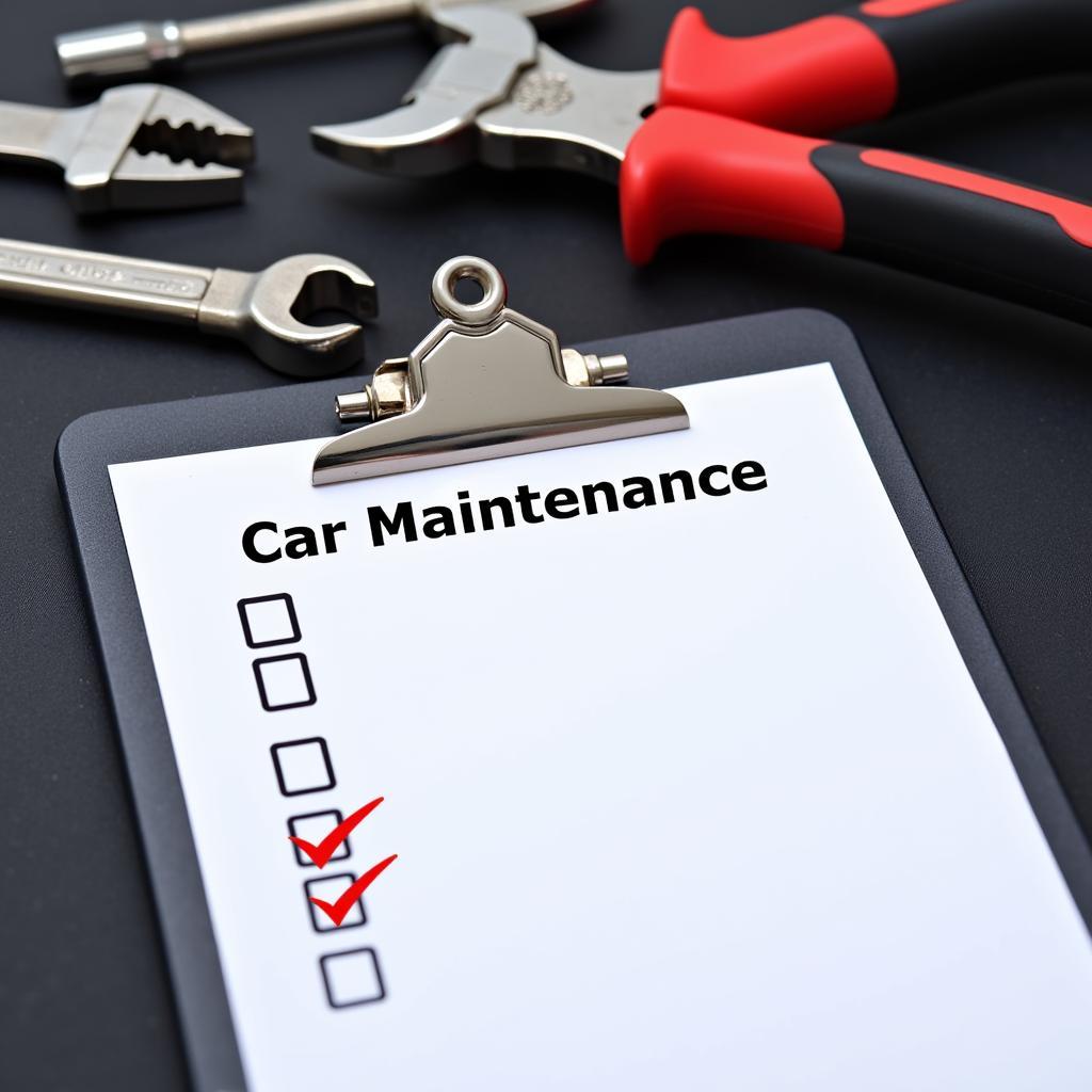 Car maintenance checklist with tools in the background