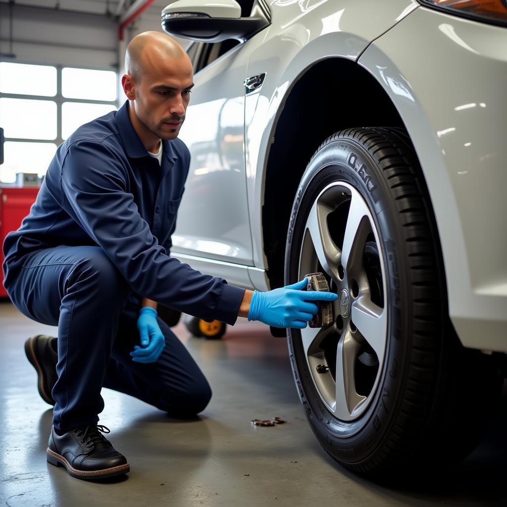 A car undergoing routine maintenance in a Ventura, CA auto repair shop.