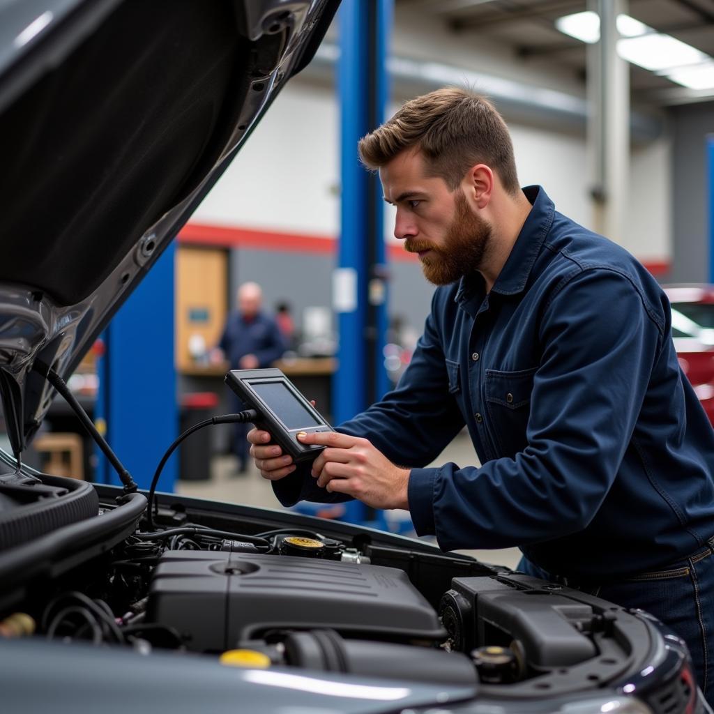 Car mechanic performing engine diagnostics in a Lansdowne auto repair shop