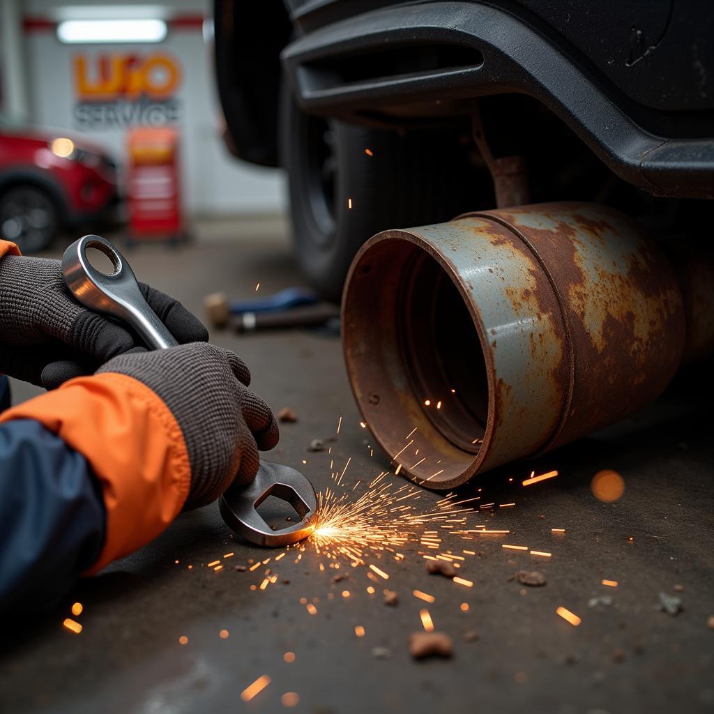 Close up of a mechanic inspecting a car muffler in Lugo