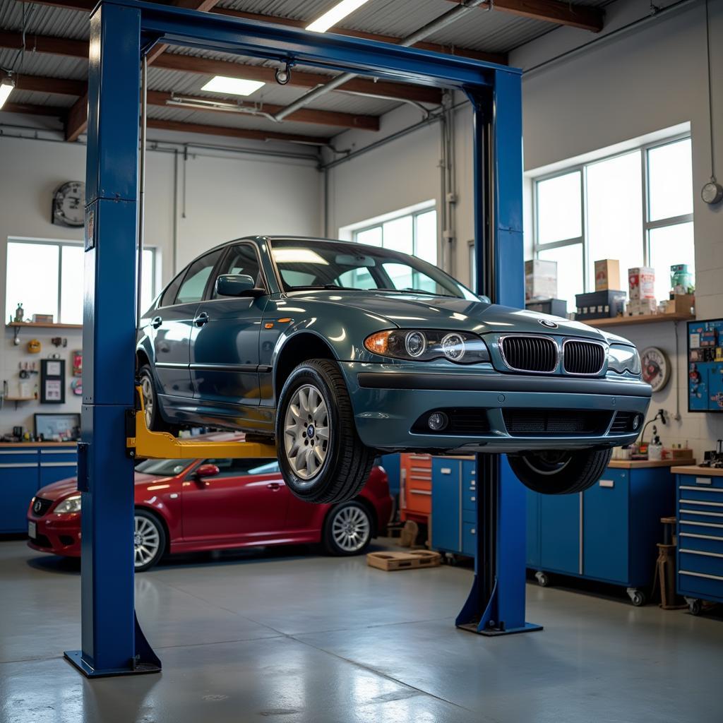 Car on a lift in a professional auto repair shop