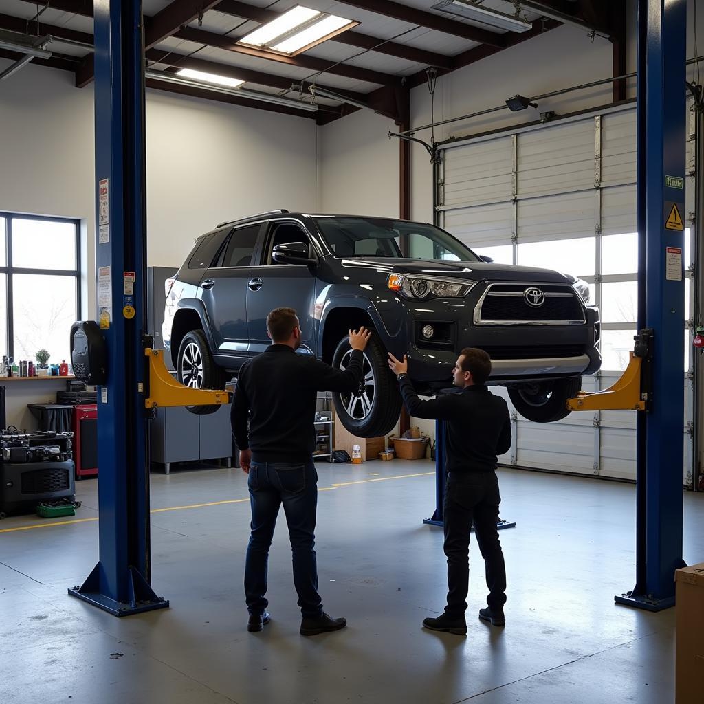 Car on a lift in a Tacoma auto service shop