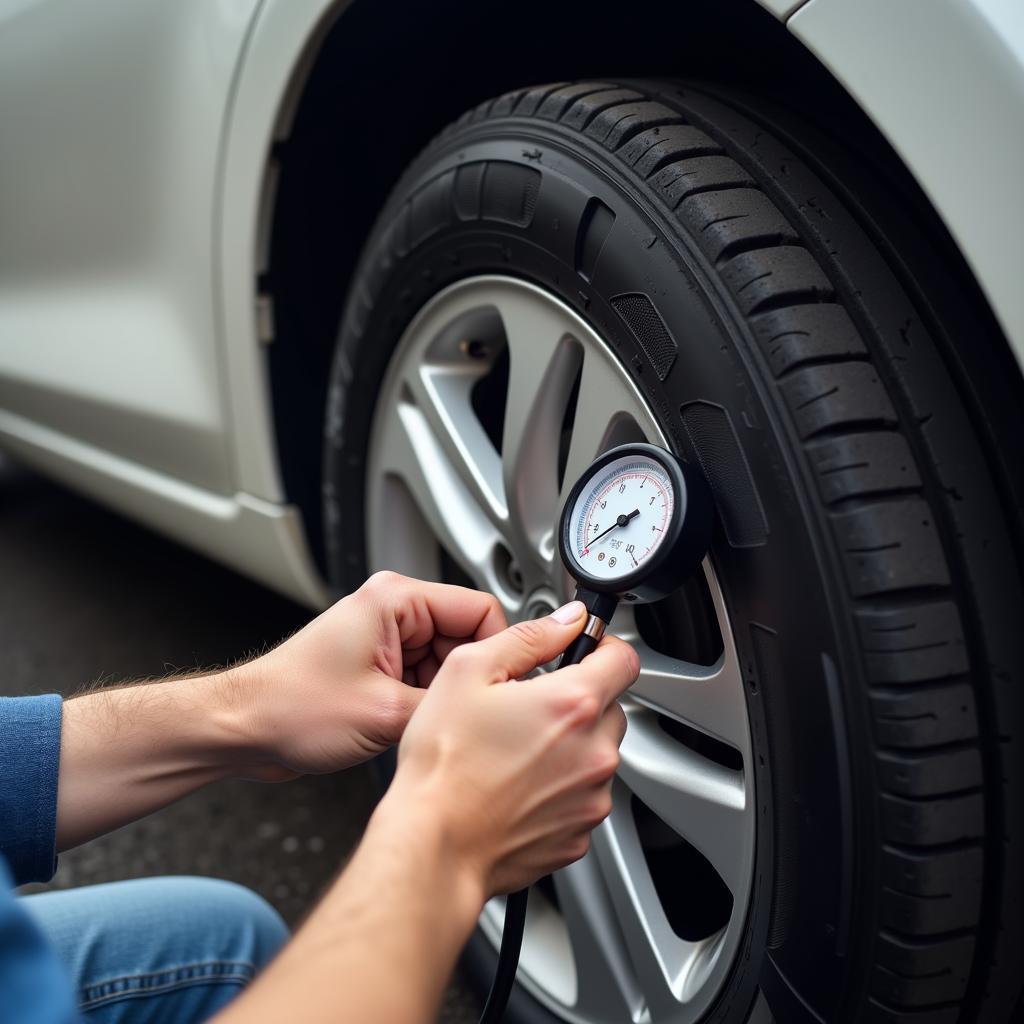 Car owner performing a routine tire pressure check