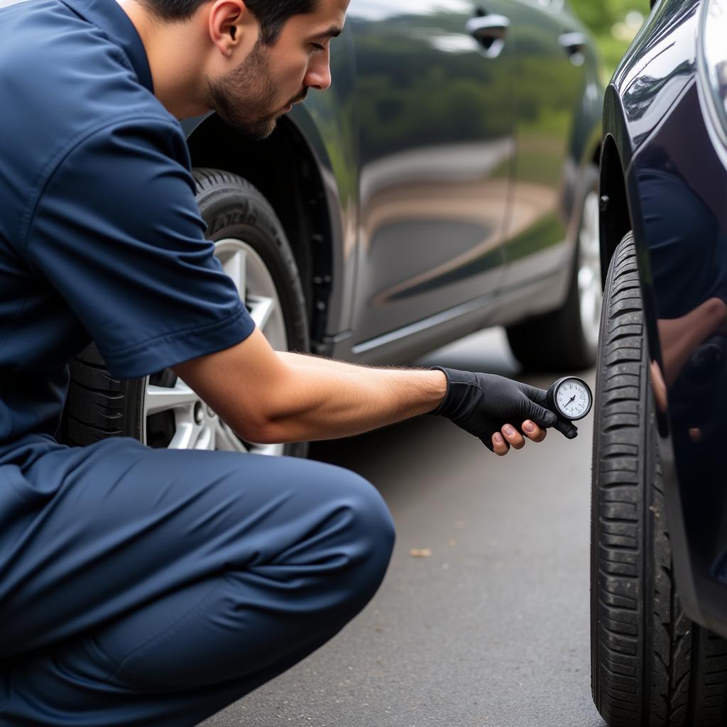 Car Owner Checking Tire Pressure