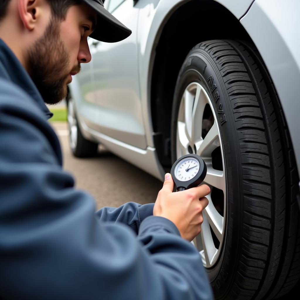 Car Owner Checking Tire Pressure in Swansea