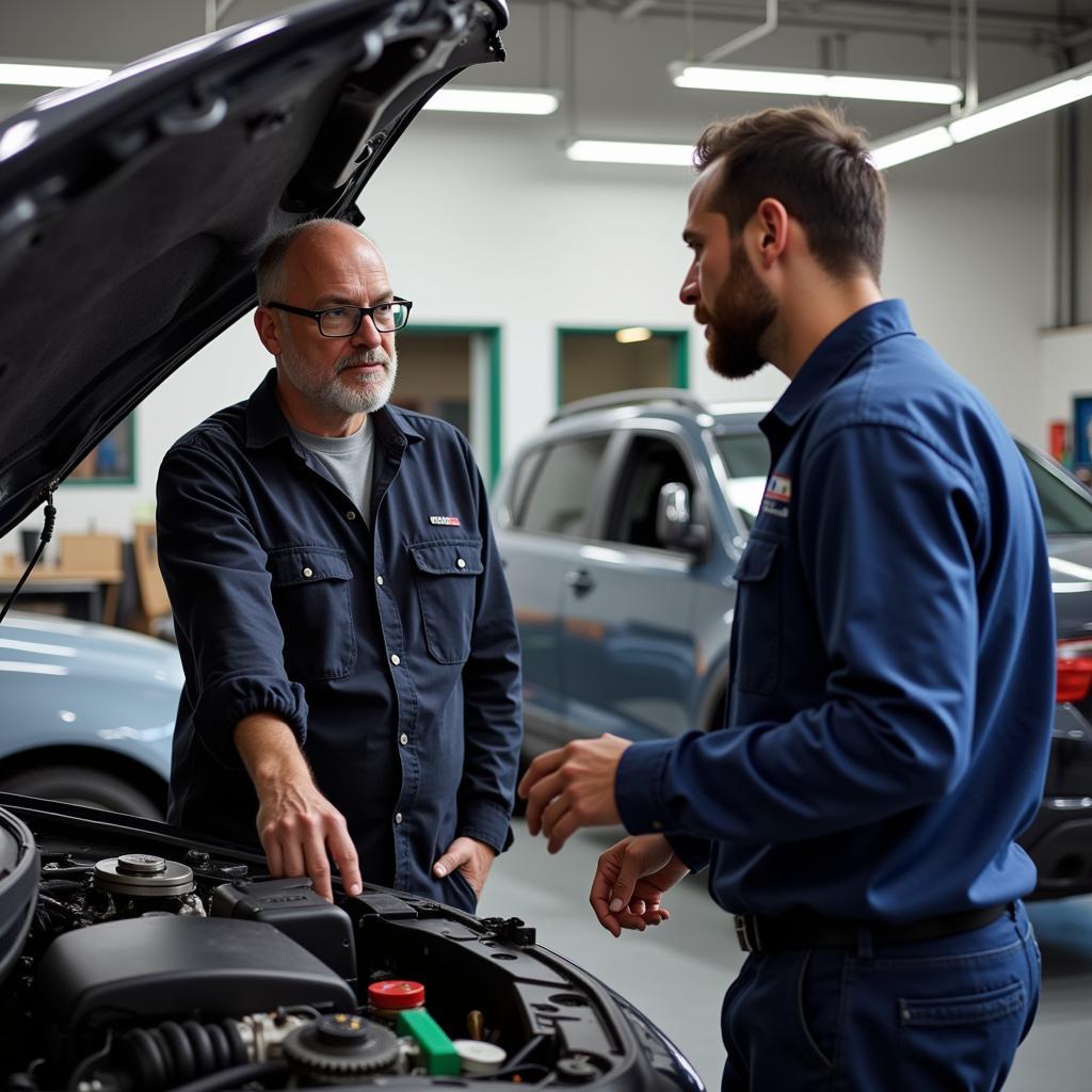 Car Owner Discussing Car Issues with Mechanic in Portland