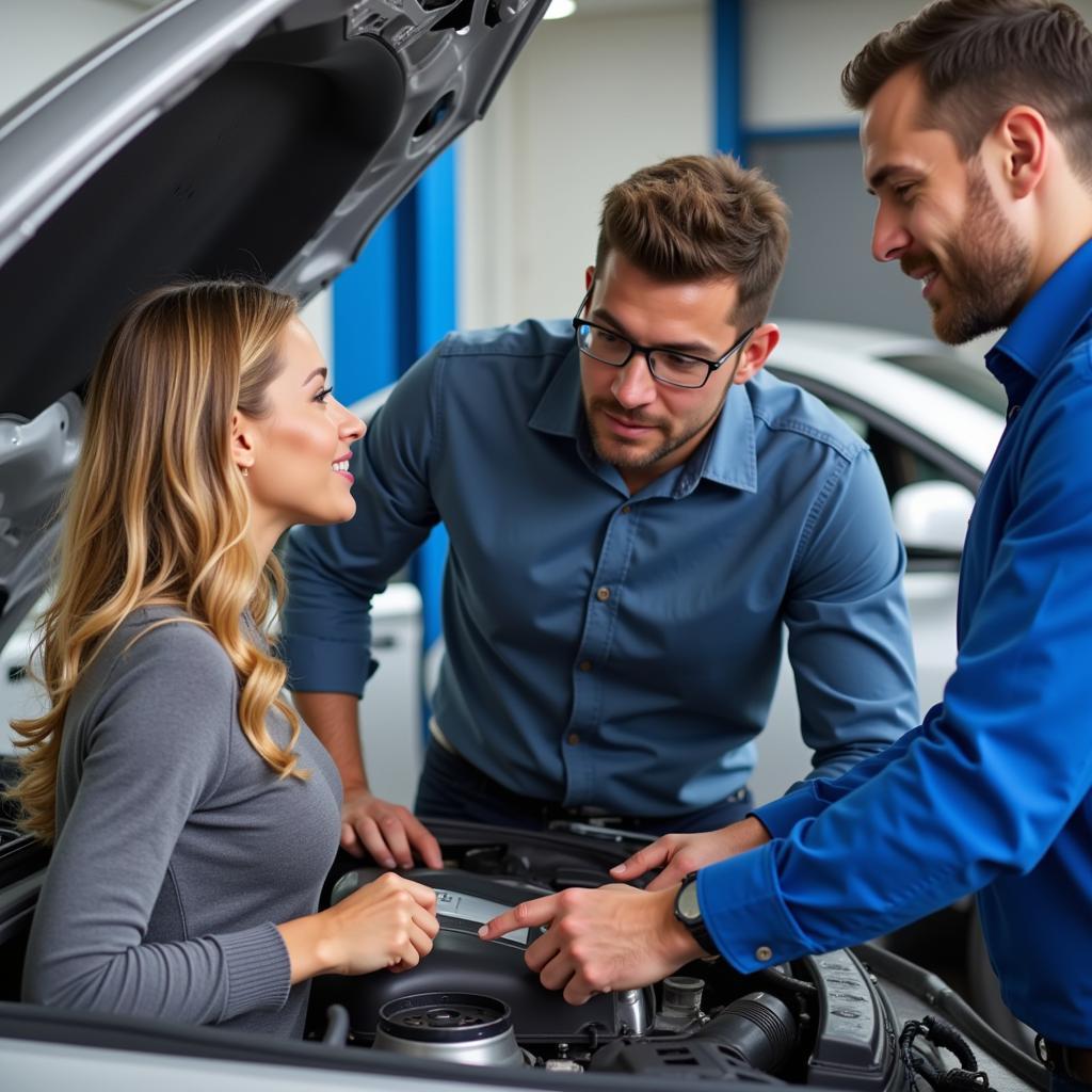 Car owner and mechanic discussing maintenance needs