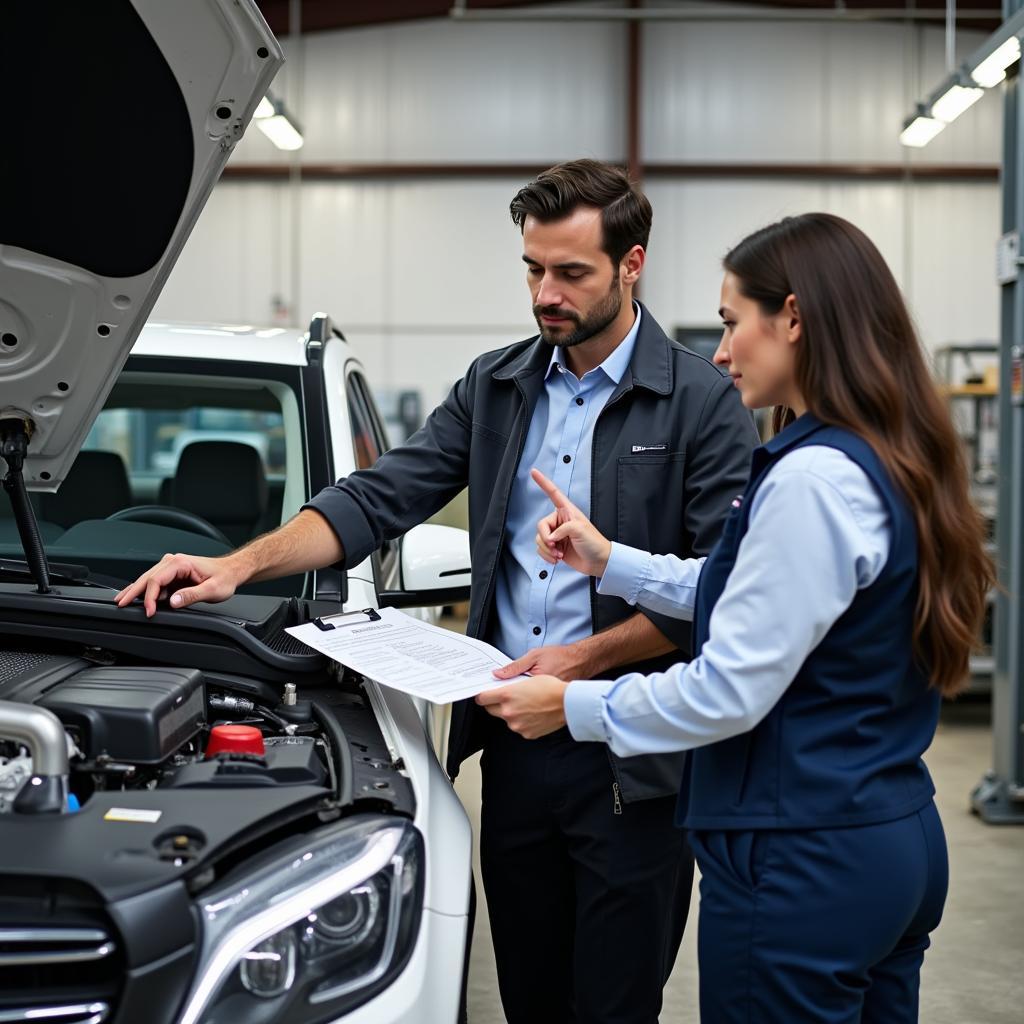 Car Owner Reviewing Maintenance Report with Mechanic