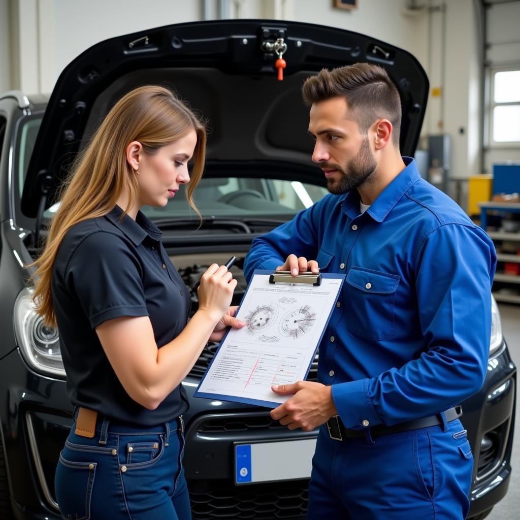 Car owner reviewing maintenance report with mechanic