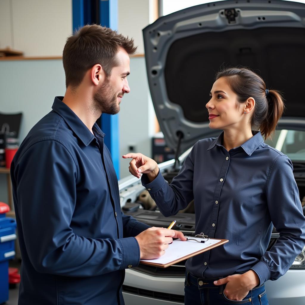 Mechanic Discussing Repairs and Obtaining Written Consent from Customer