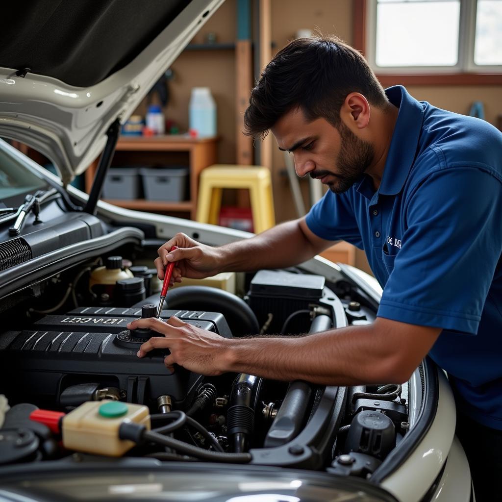 Mechanic Working on a Car Engine at Home in Trivandrum, Showing Cost Savings