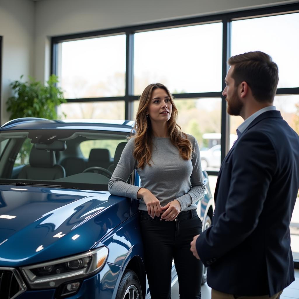 Car Salesperson Showing Customer a New Car