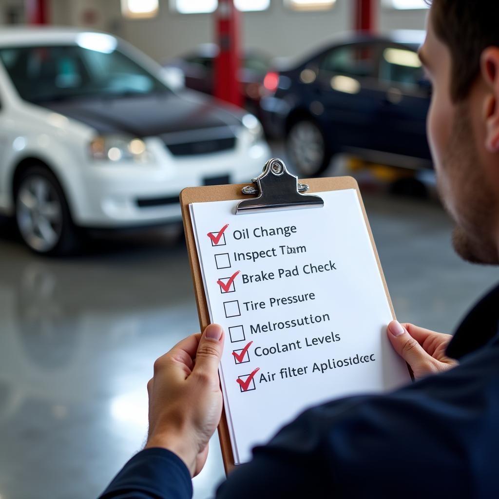 A checklist highlighting essential car service points, including engine oil, brakes, tires, and fluids.