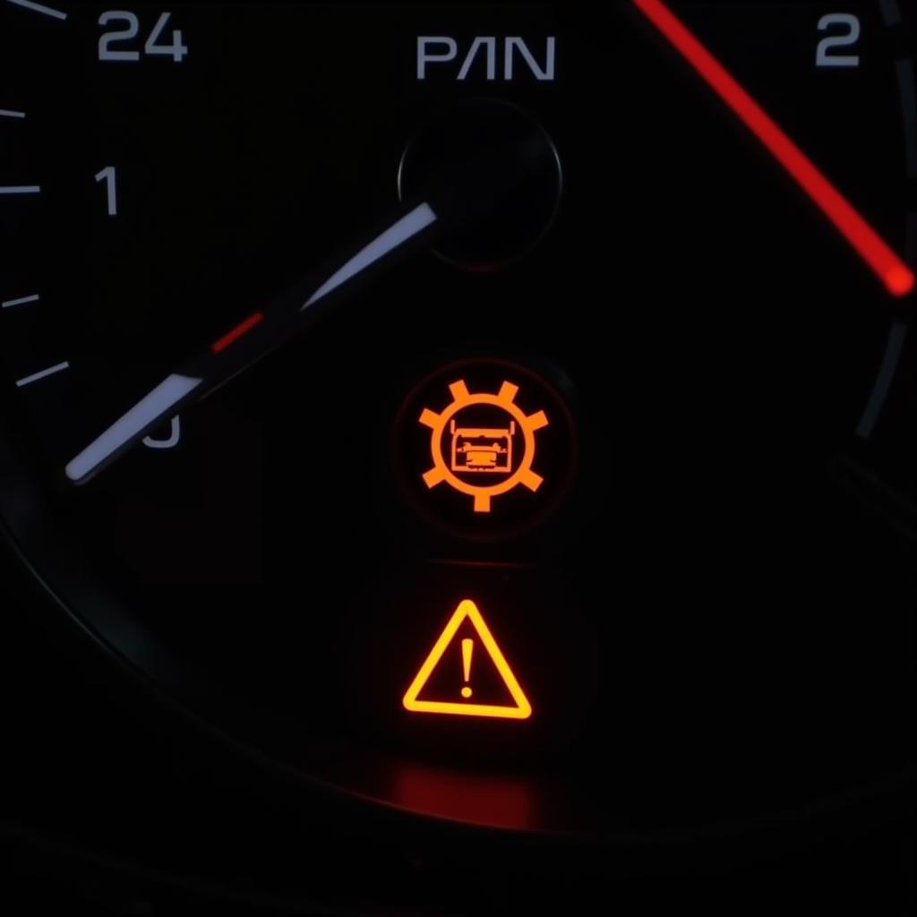 A car dashboard displaying a check engine light and transmission warning indicators.