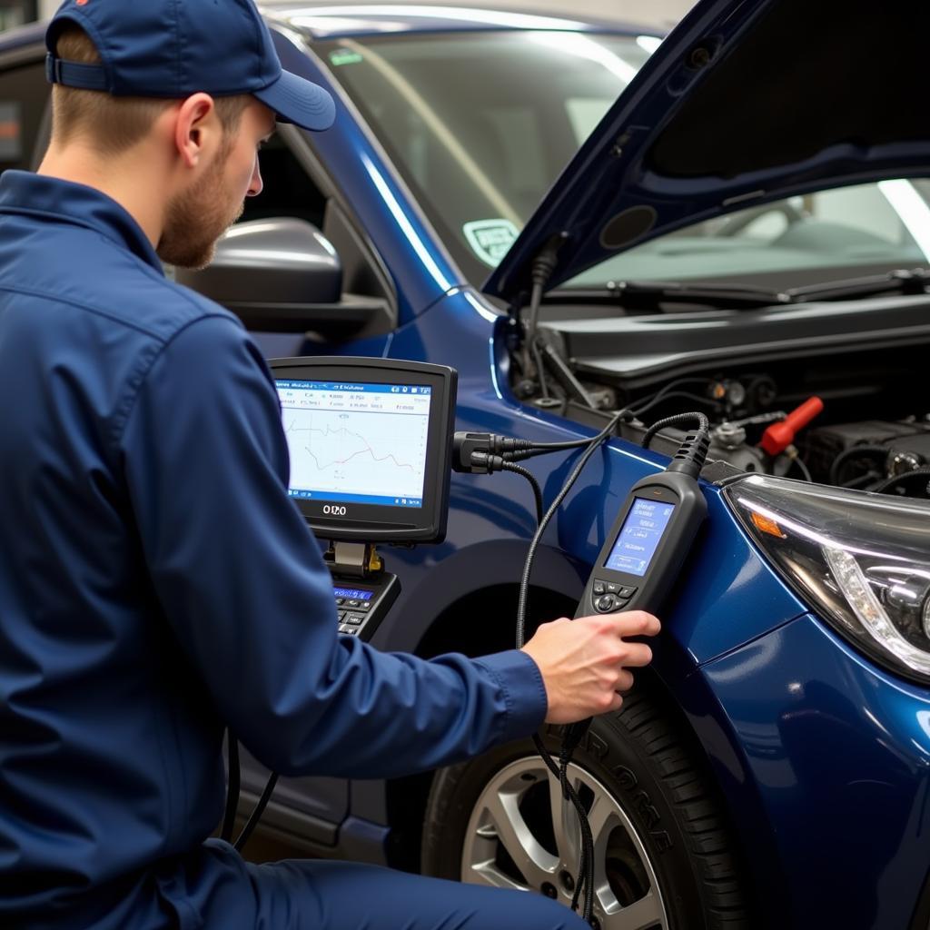 Car undergoing a diagnostic test in a Jamison auto service center.