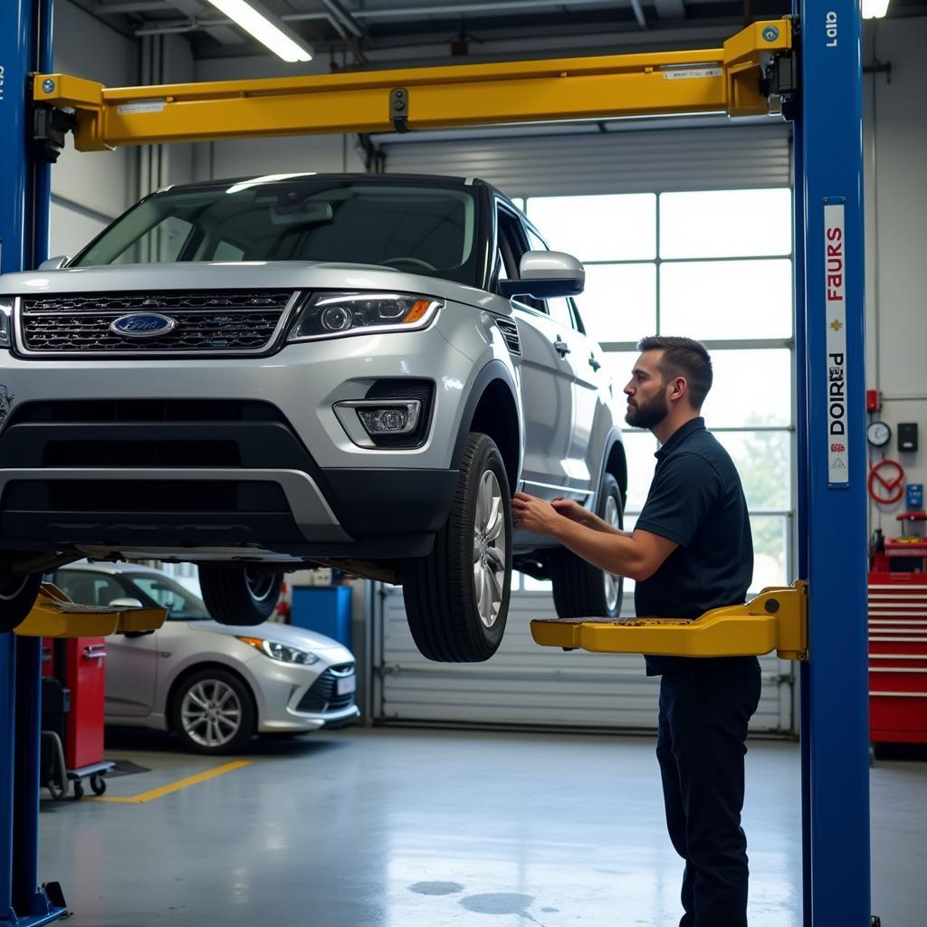 Car Undergoing Maintenance in Repair Shop