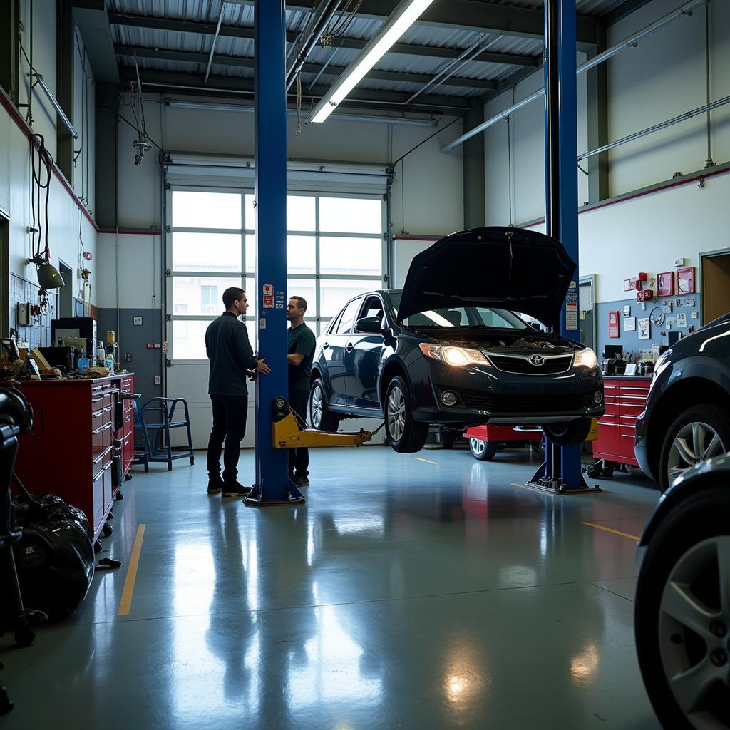 Car undergoing maintenance in a professional shop