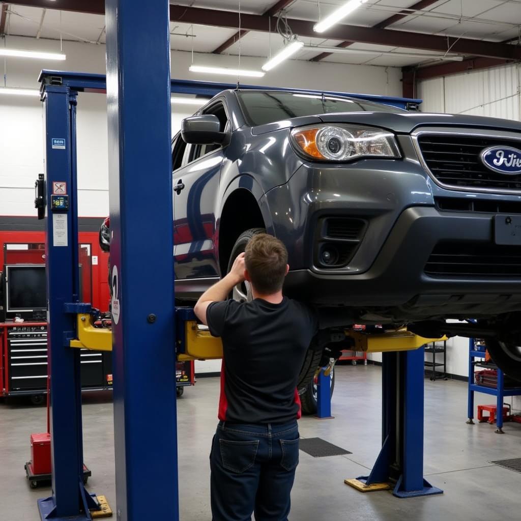 Car undergoing preventative maintenance in a Gardenville auto service shop