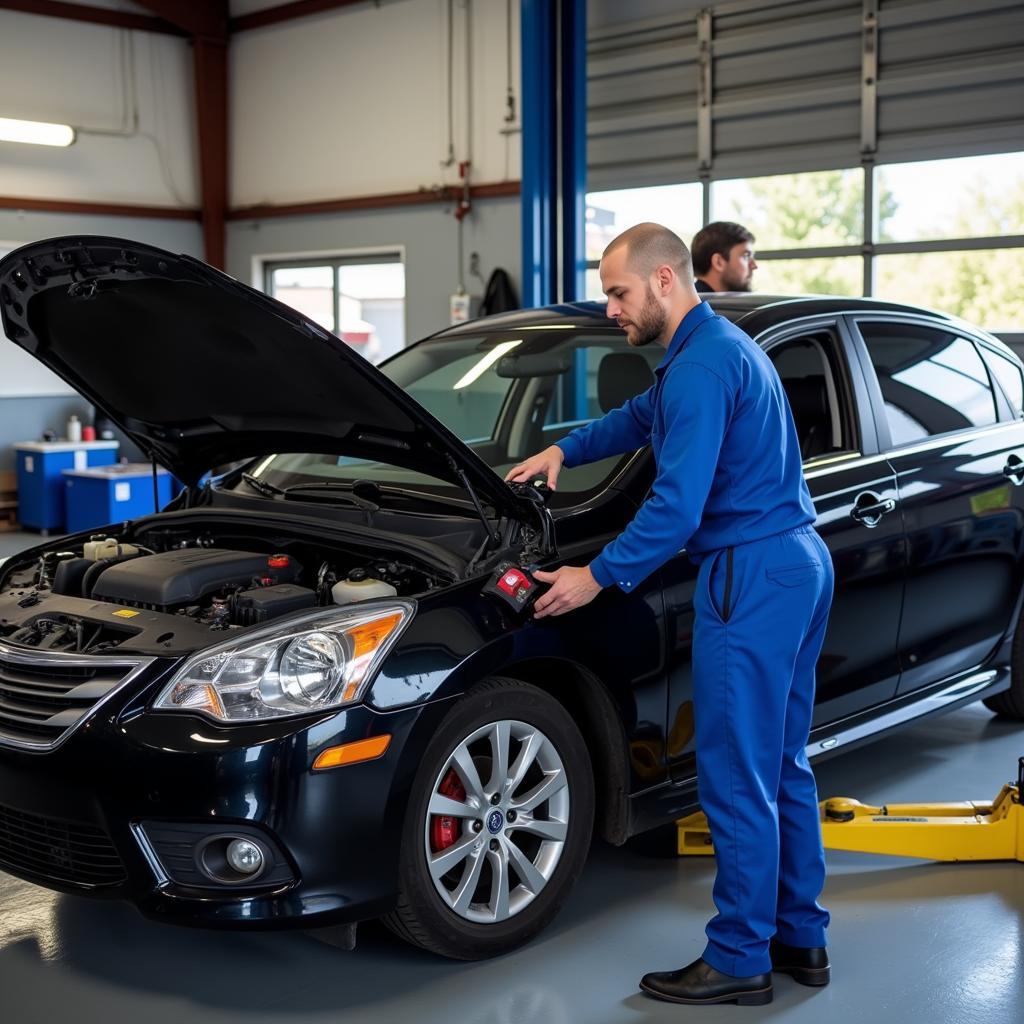 Car Undergoing Routine Maintenance in a Professional Auto Shop