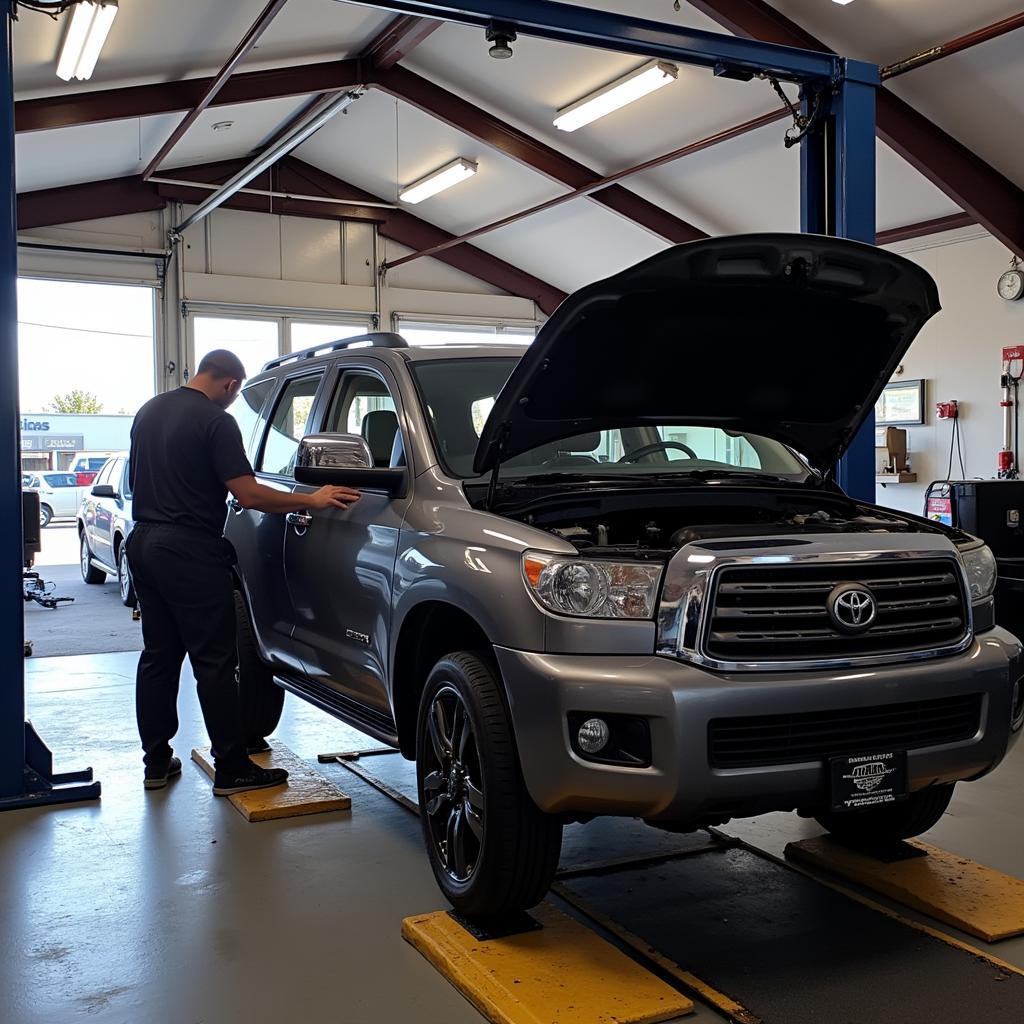 Car undergoing routine maintenance in a professional auto service shop