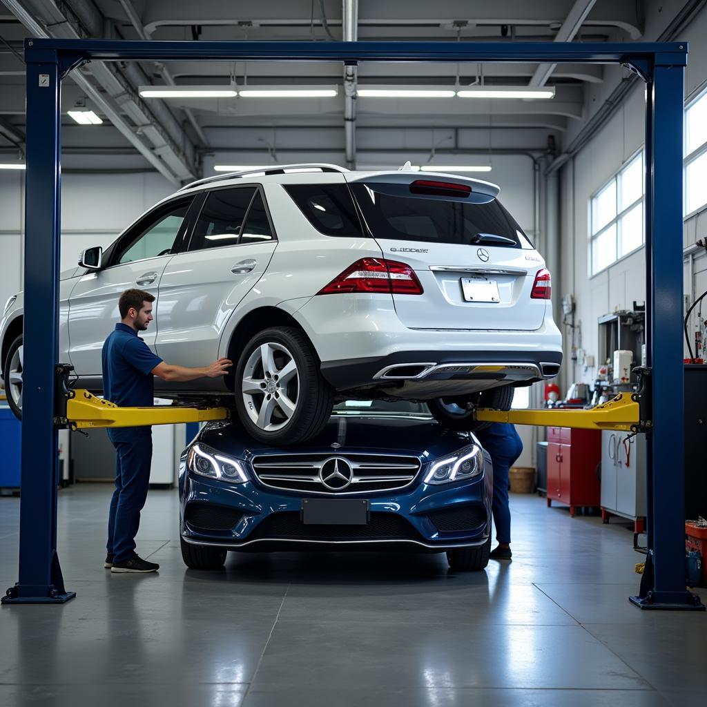 A car undergoing routine maintenance, including an oil change and tire rotation, at a professional auto service center.