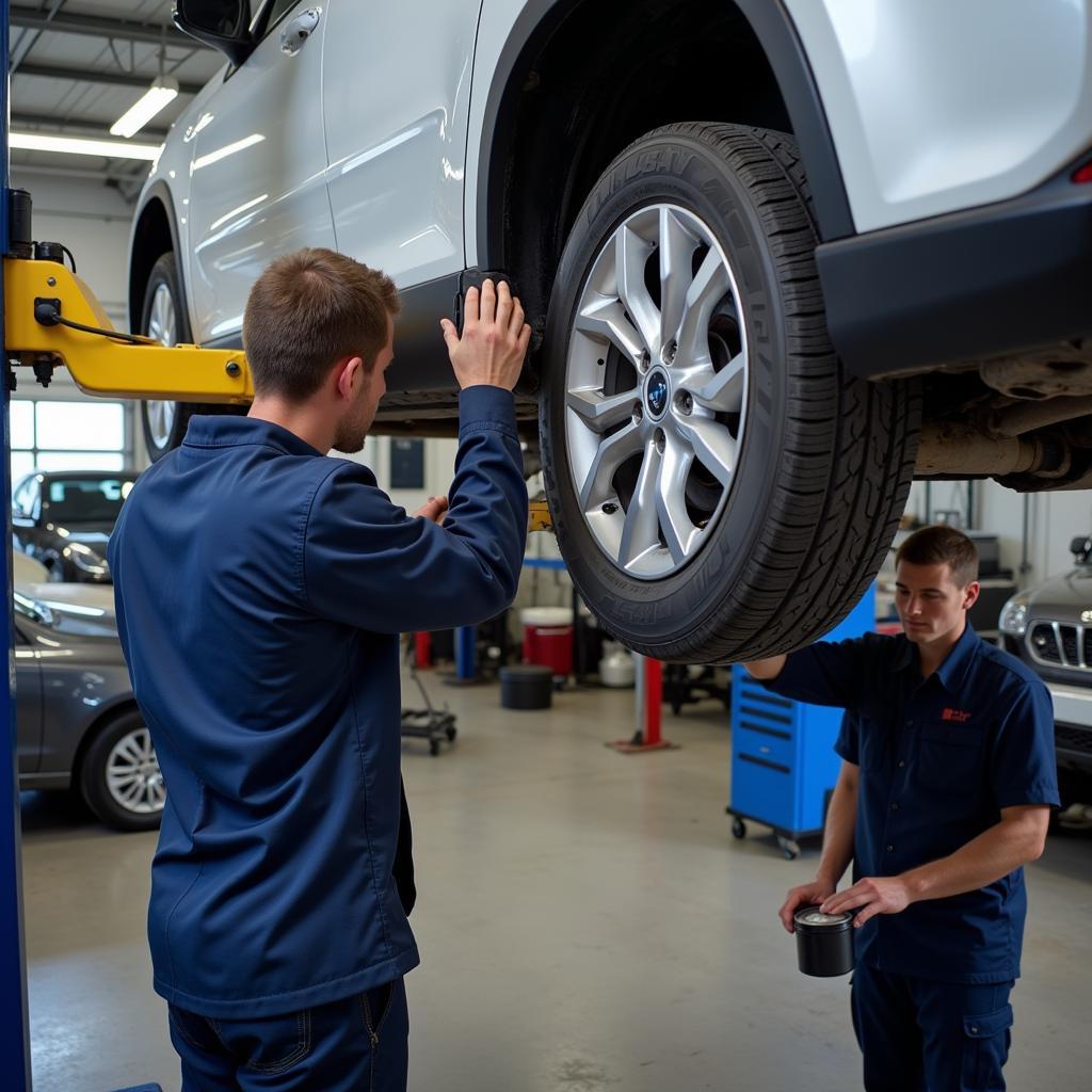 Car Undergoing Routine Maintenance: Oil Change and Tire Rotation at Auto Service Center