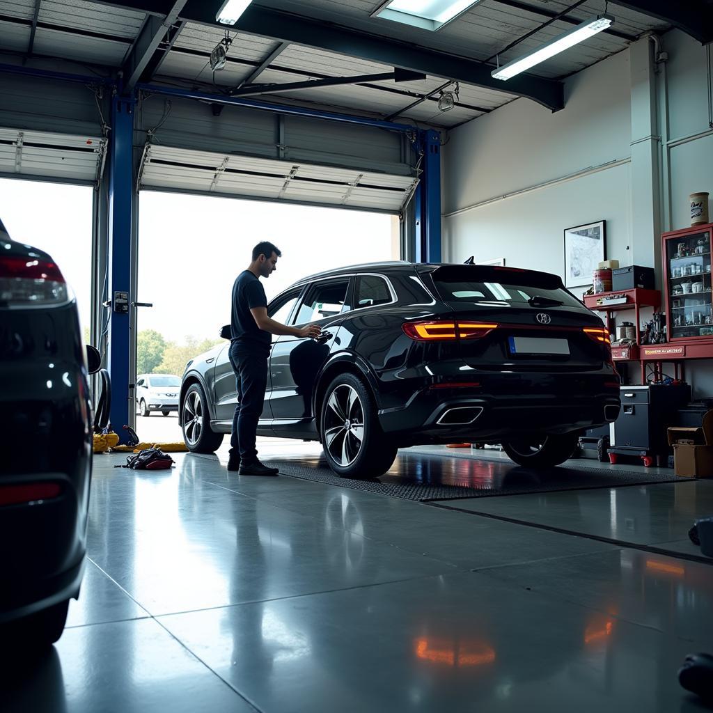 A car being serviced for routine maintenance inside a well-lit garage.