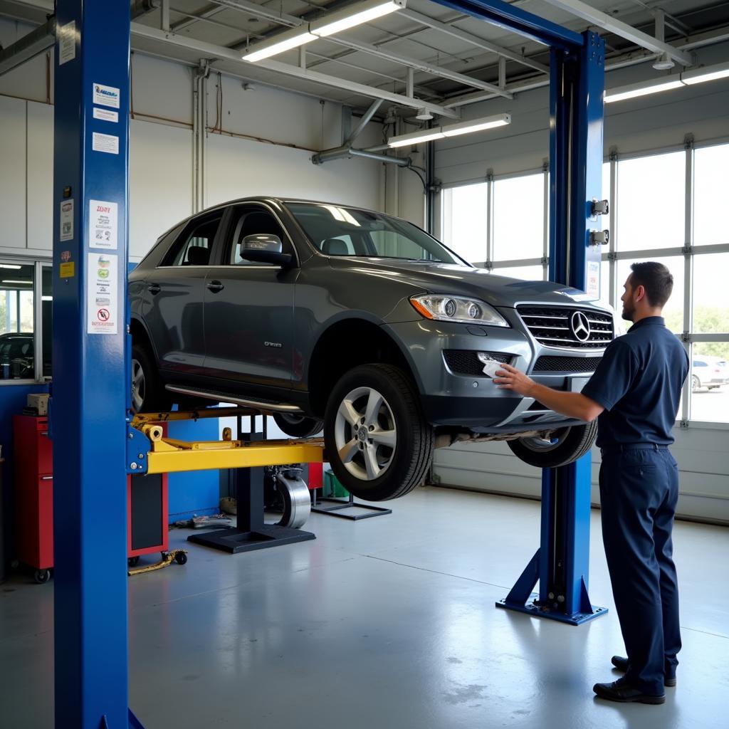 Car undergoing routine maintenance in Pompano Beach auto shop