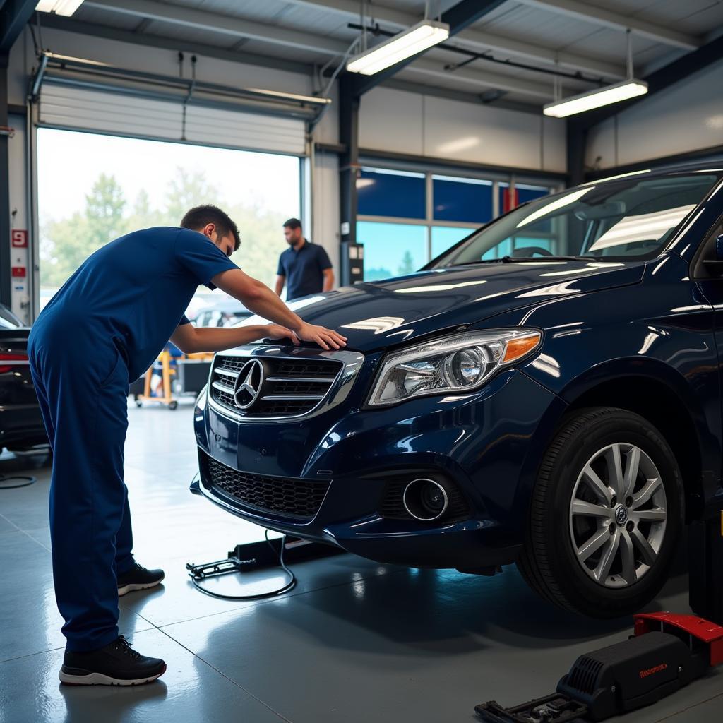 Car Undergoing Routine Maintenance in a Service Center