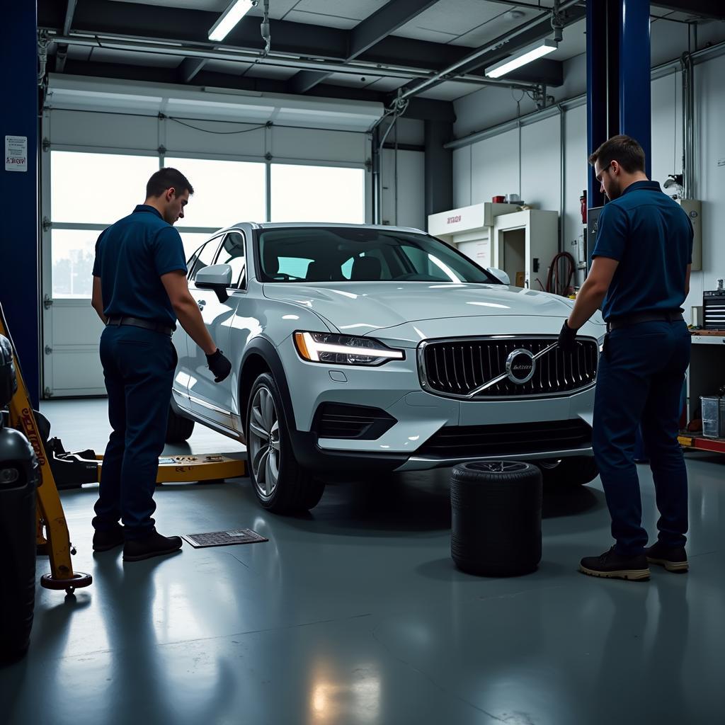 Car undergoing routine maintenance at a reputable auto service center in Louisville, KY, including an oil change and tire rotation.