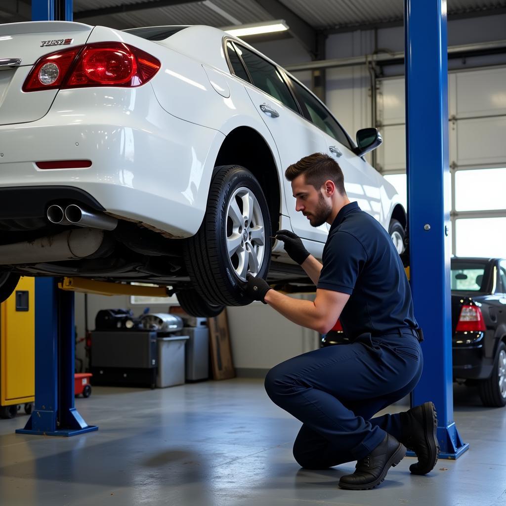 Car Undergoing Routine Maintenance: Oil Change and Tire Rotation