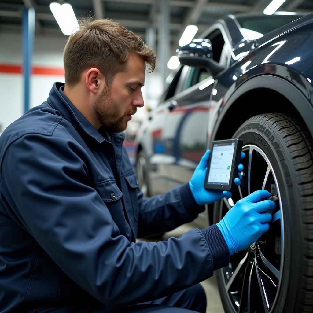 Skilled Technician Diagnosing a Car Problem with Advanced Diagnostic Tools in a Modern Auto Repair Shop