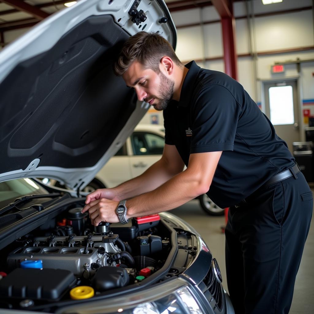 Carlton's Auto Service Technician Working on an Engine