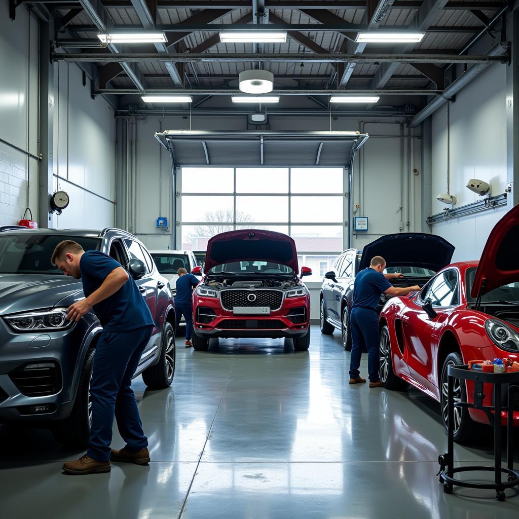 A modern auto body repair shop with advanced equipment and skilled technicians working on a damaged car.